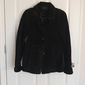 Black leather jacket with faux fur trim